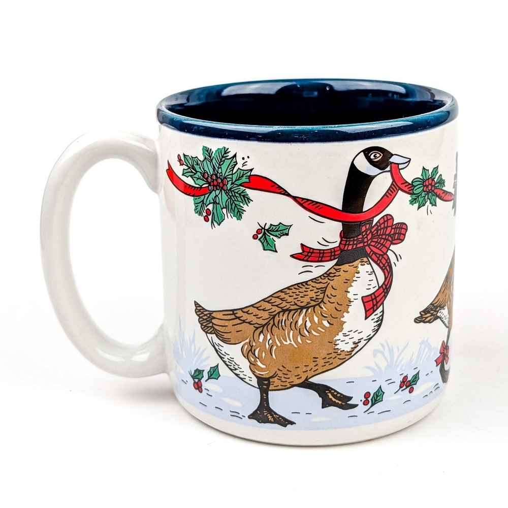 Festive Canada Geese with Plaid Bows Vintage 1986 Potpourri Press Christmas Mug